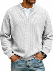 Simple Waffle-Weave V-neck SweatShirt For Men Fall Spring Two-Piece Casual Long-Sleeve T-Shirt For Daily Wear Work Outfit Streetwear