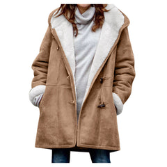 Winter Vintage Button Jackets Women's Warm Fleece Hooded Coat Casual Mid-Length Trench Top Outwear Clothing