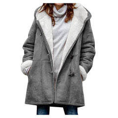 Winter Vintage Button Jackets Women's Warm Fleece Hooded Coat Casual Mid-Length Trench Top Outwear Clothing