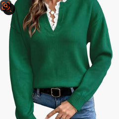 Elegant Casual V-neck Lace Commuting Thick Warm Sweater For Women Pullover Fashionable Solid Color Loose Sweater