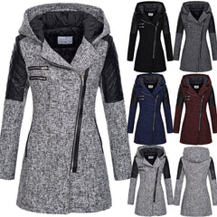 Women Warm Slim Full Zipper Coat Thick Woolen Coat Female Fall Winter Windbreaker Hooded Diagonal Zipper Women's Clothing