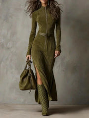 Slim Zipper Dress Elegant Temperament Split Long-sleeved Dresses Cowboy Fashion Retro Women's Clothing