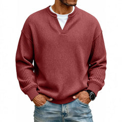 Simple Waffle-Weave V-neck SweatShirt For Men Fall Spring Two-Piece Casual Long-Sleeve T-Shirt For Daily Wear Work Outfit Streetwear