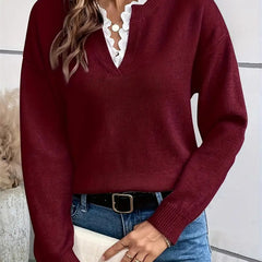 Elegant Casual V-neck Lace Commuting Thick Warm Sweater For Women Pullover Fashionable Solid Color Loose Sweater
