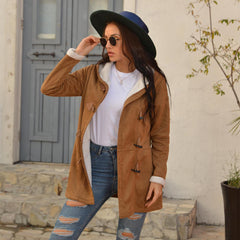 Winter Vintage Button Jackets Women's Warm Fleece Hooded Coat Casual Mid-Length Trench Top Outwear Clothing