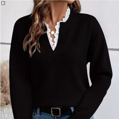 Elegant Casual V-neck Lace Commuting Thick Warm Sweater For Women Pullover Fashionable Solid Color Loose Sweater
