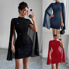 Women's Sexy Elegant Evening Party Dresses Round Neck Pit Stripe Pearl Chiffon Cape Sleeve Wrapped Hip Dress
