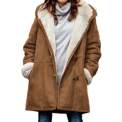 Winter Vintage Button Jackets Women's Warm Fleece Hooded Coat Casual Mid-Length Trench Top Outwear Clothing